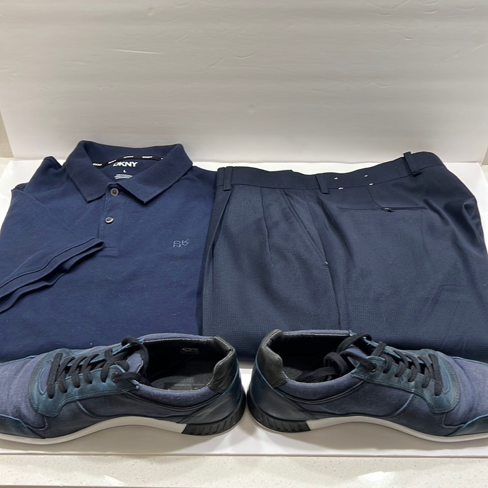DKNY short sleeve blue business casual shirts blue dress pants 34 x 30 shoe 10